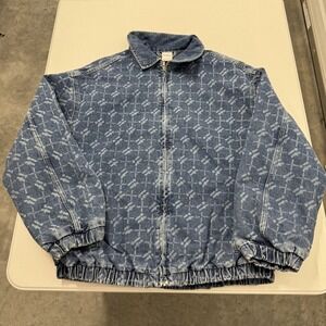 iets frans Denim All Over Logo Zip Up Bomber Jacket Blue Quilted Lined Size M